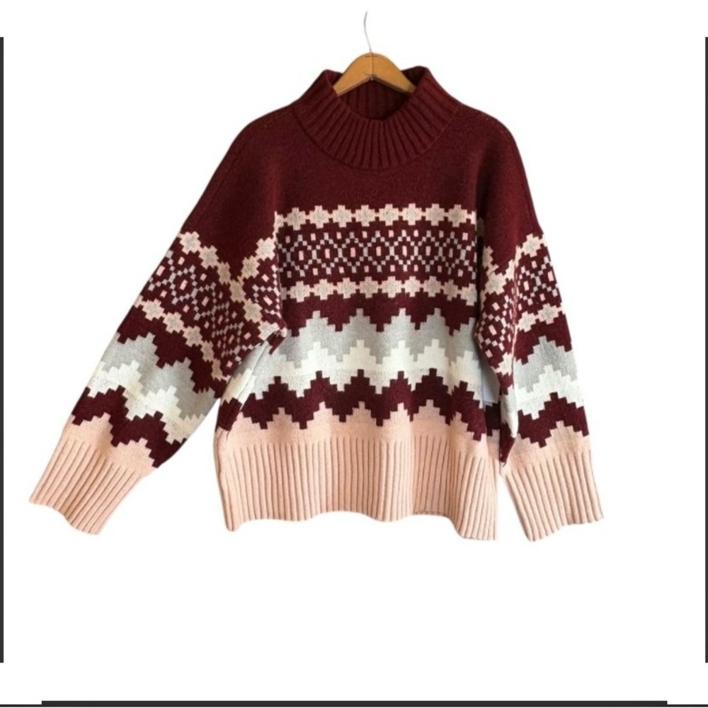 Cozy Knit Patterned Sweater - Burgundy, White, and Pink